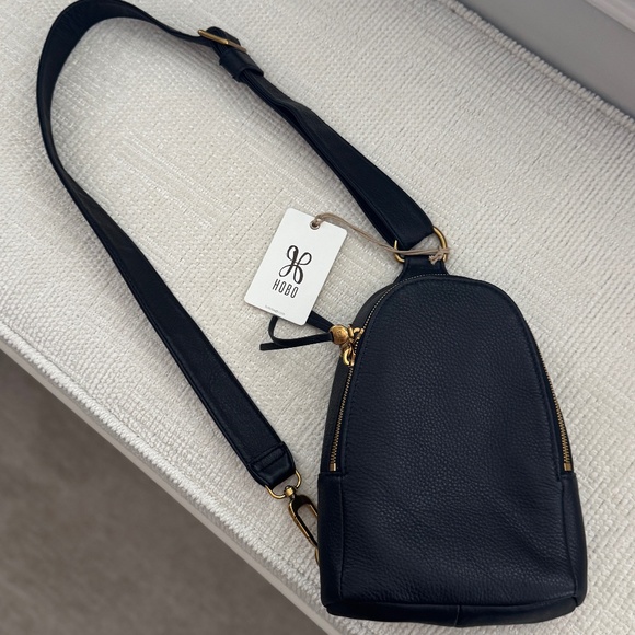 Fern Sling HOBO Black Pebble 100% Leather Crossbody w/Brass Hardware Adjustable - Picture 2 of 9